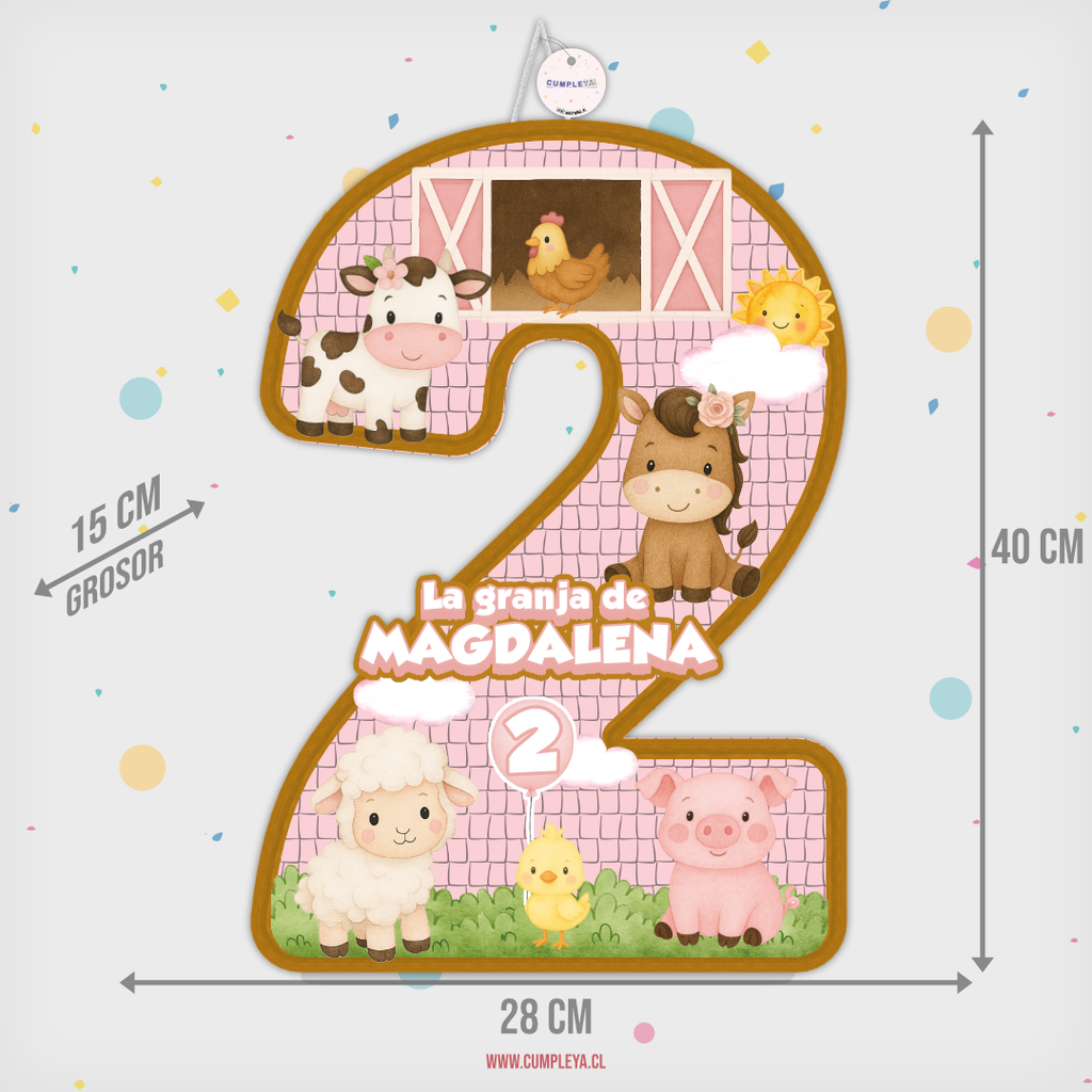 PIÑATA NUMERO 2 ANIMALITOS DE LA GRANJA 40CM PREMIUM