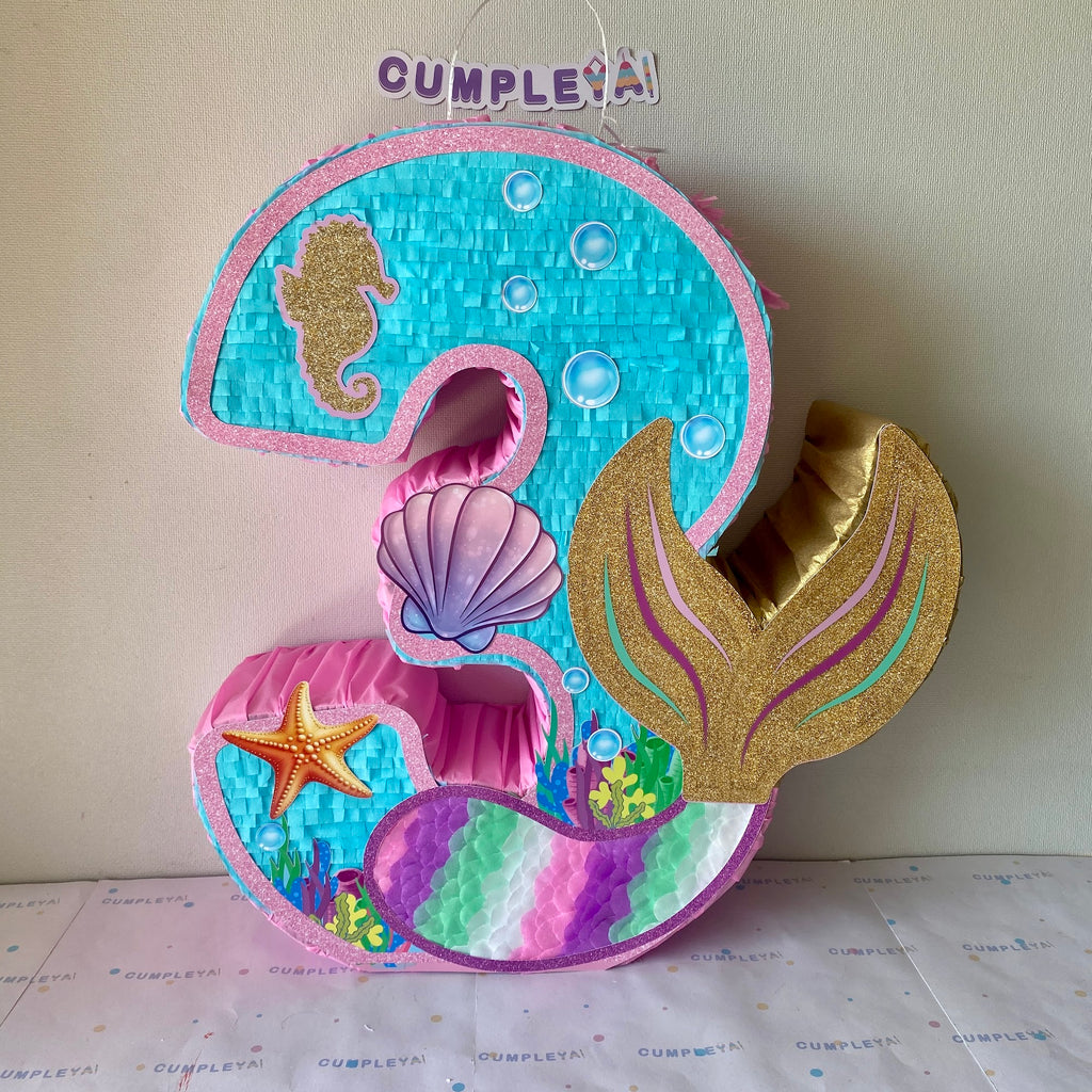PIÑATA NUMERO 3 DE SIRENA 60CM PREMIUM
