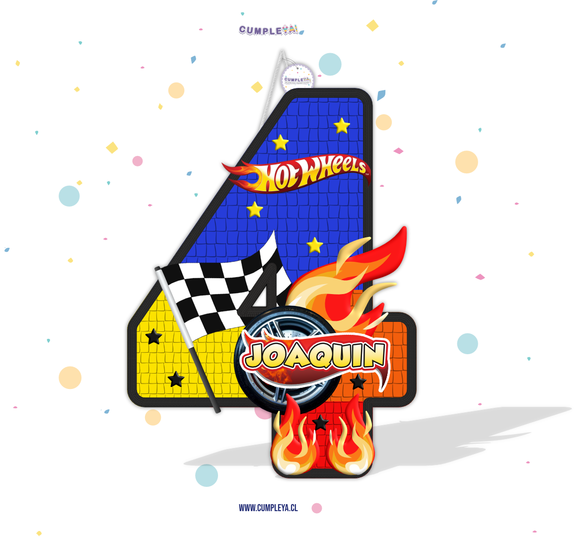 PIÑATA NUMERO 4 DE HOT WHEELS CON AZUL 40CM PREMIUM