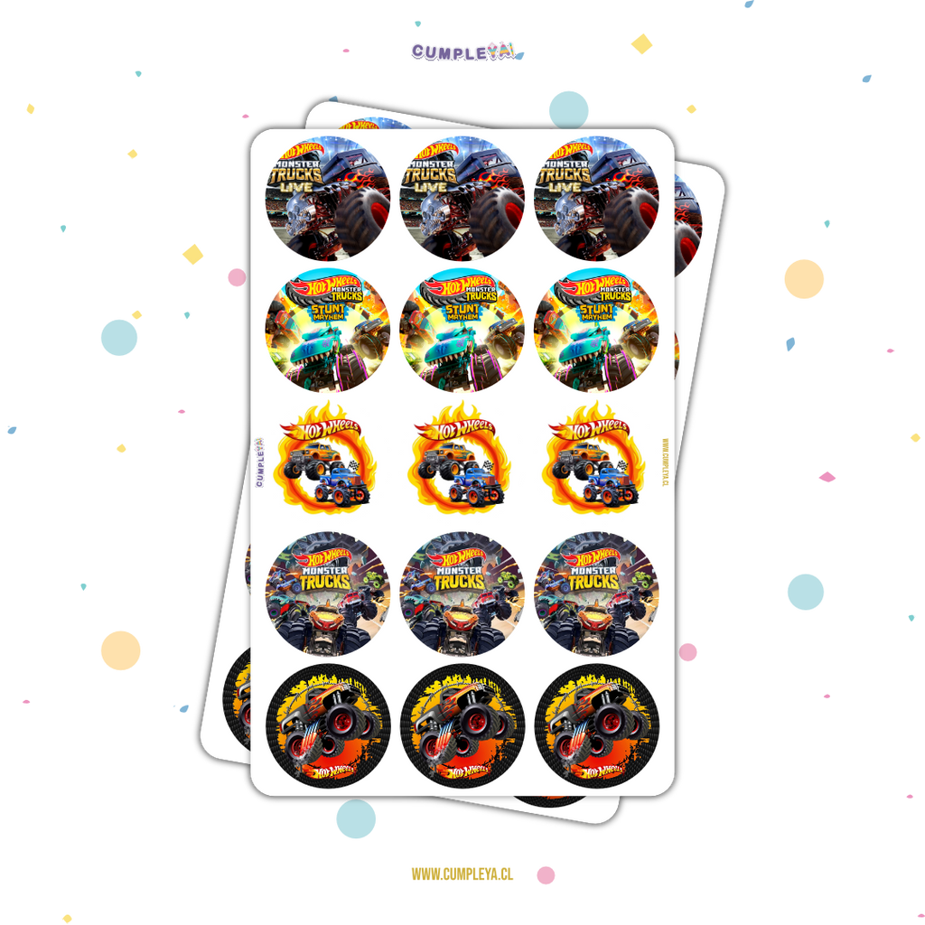 STICKER MONSTER TRUCK CIRCULARES 5X5CM 30U TEMÁTICO