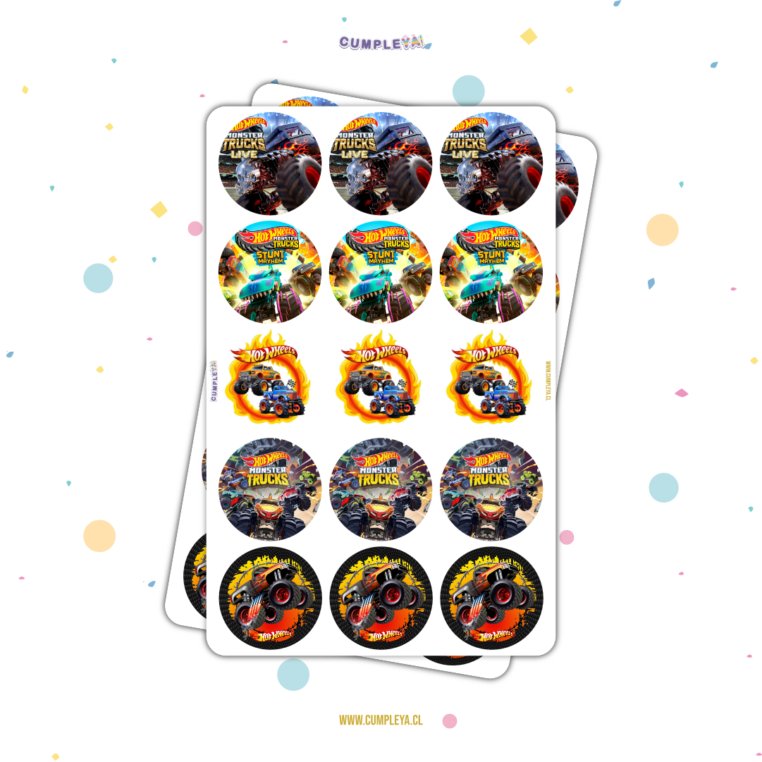 30 STICKER CIRCULARES 5 X 5 CM MONSTER TRUCK