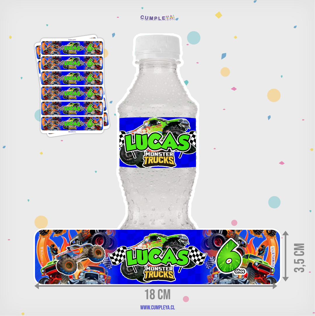 STICKER MONSTER TRUCK PARA BOTELLA 250ML 18X3, 5CM SET 12U TEMÁTICO