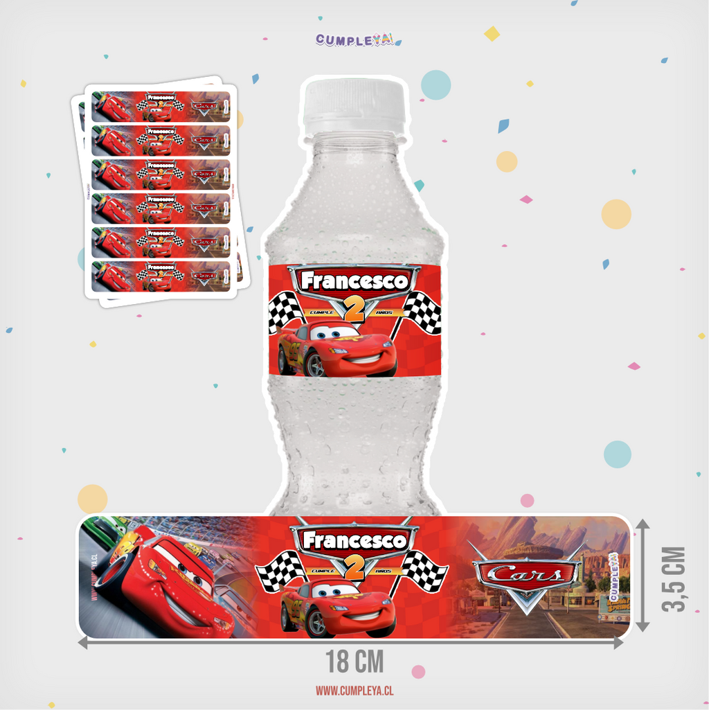 STICKER CARS PARA BOTELLA 250ML 18X3, 5CM SET 12U TEMÁTICO