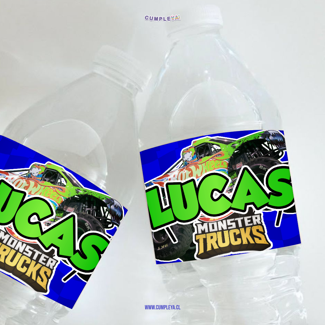 STICKER MONSTER TRUCK PARA BOTELLA 250ML 18X3, 5CM SET 12U