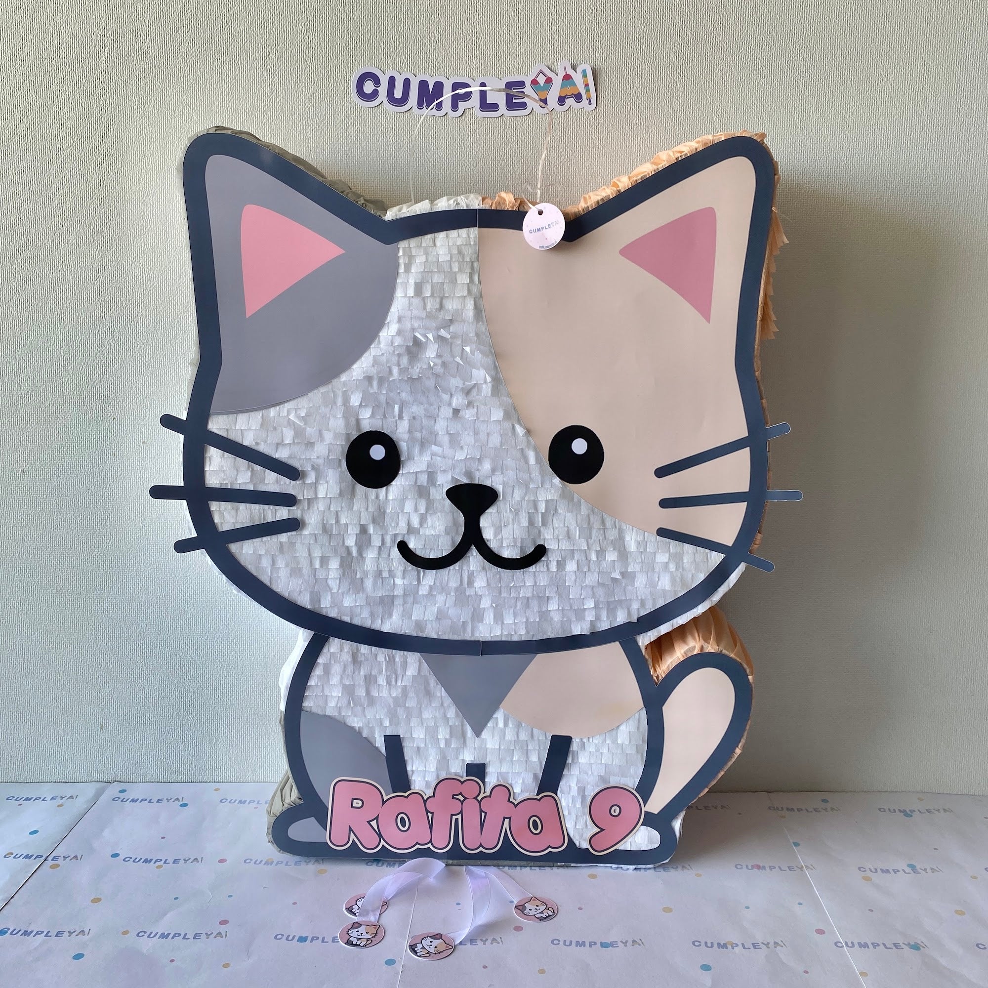 PIÑATA GATITO GRIS, BLANCO Y BEIGE 60CM PREMIUM