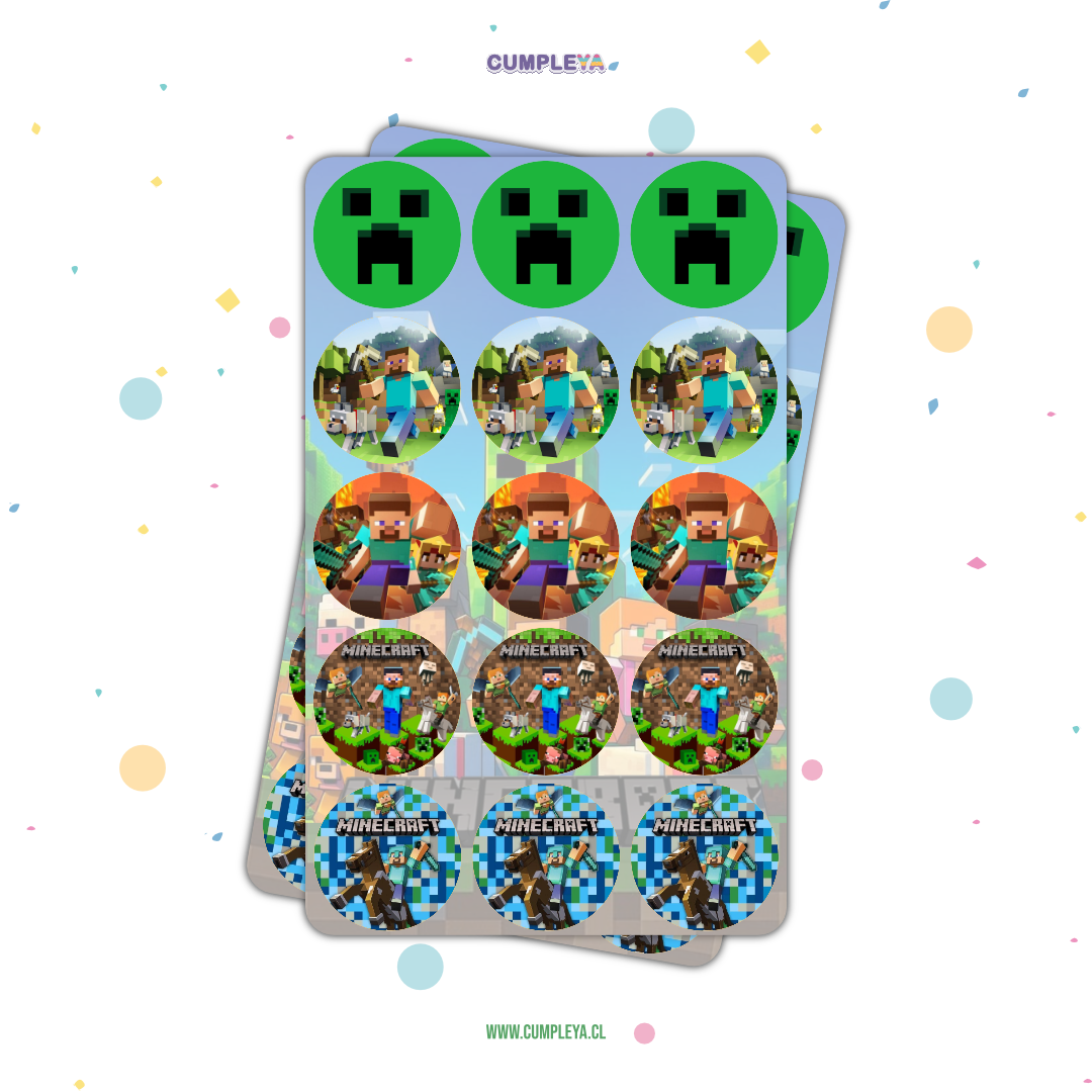 30 STICKER CIRCULARES 5 X 5 CM MINECRAFT