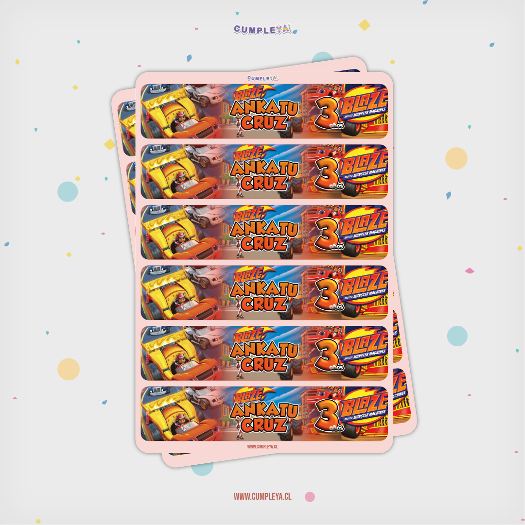 STICKER BLAZE AND THE MONSTER MACHINES PARA BOTELLA 250ML 18X3, 5CM SET 12U TEMÁTICO