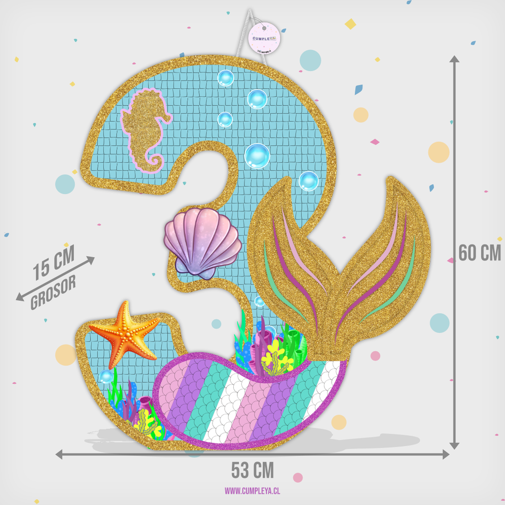 PIÑATA NUMERO 3 DE SIRENA 60CM PREMIUM