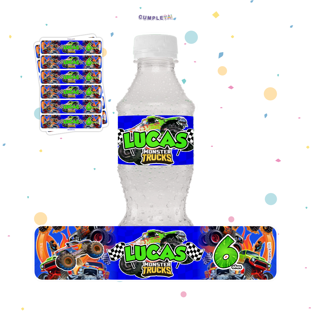 STICKER MONSTER TRUCK PARA BOTELLA 250ML 18X3, 5CM SET 12U TEMÁTICO