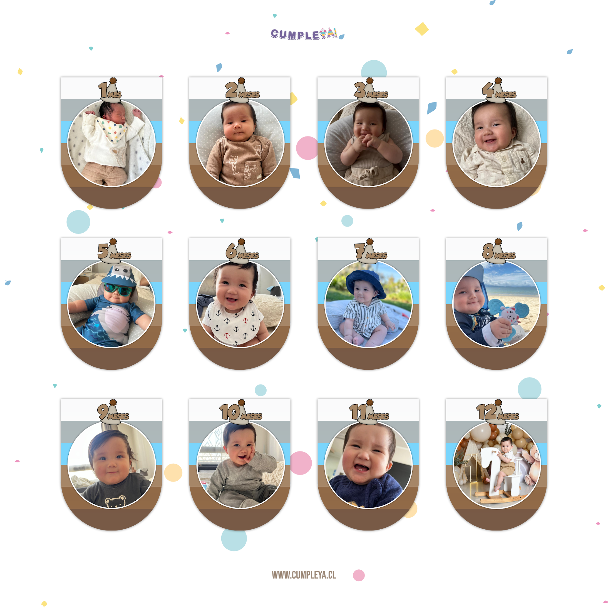 BANDERIN CARITA DE BEBE COLORES MARRON, BEIGS Y CELESTE DE FOTOGRAFÍA 12 MESES 11X14CM