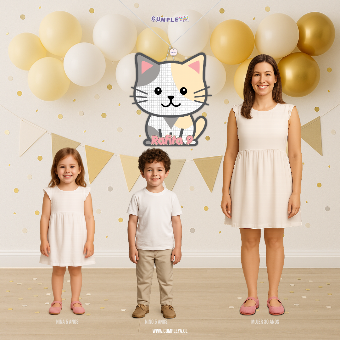PIÑATA GATITO GRIS, BLANCO Y BEIGE 60CM PREMIUM