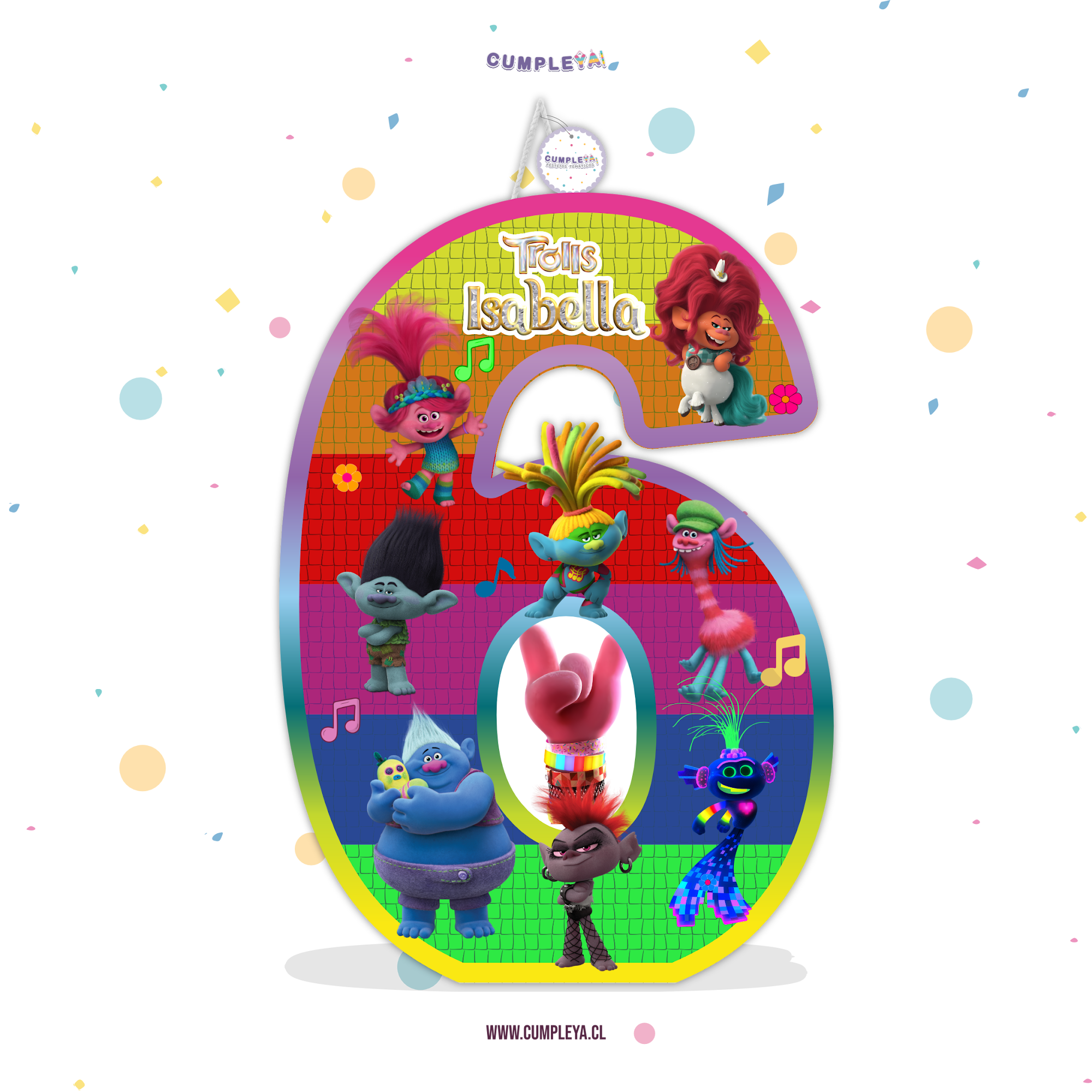 PIÑATA NUMERO 6 DE TROLLS 2 WORLD TOUR 40CM PREMIUM