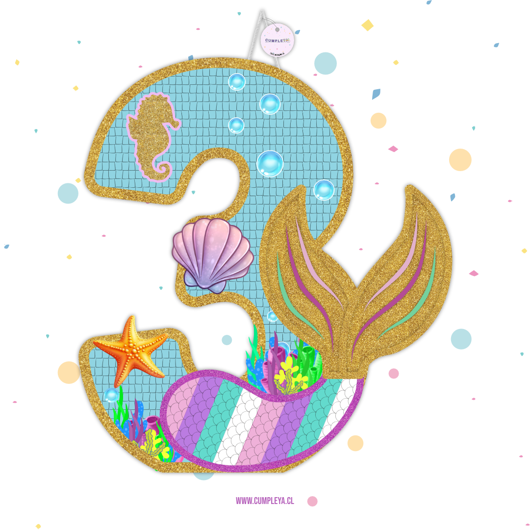 PIÑATA NUMERO 3 DE SIRENA 60CM PREMIUM