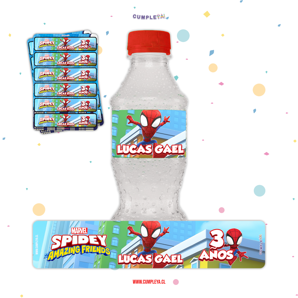 STICKER SPIDEY PARA BOTELLA 250ML 18X3, 5CM SET 12U TEMÁTICO