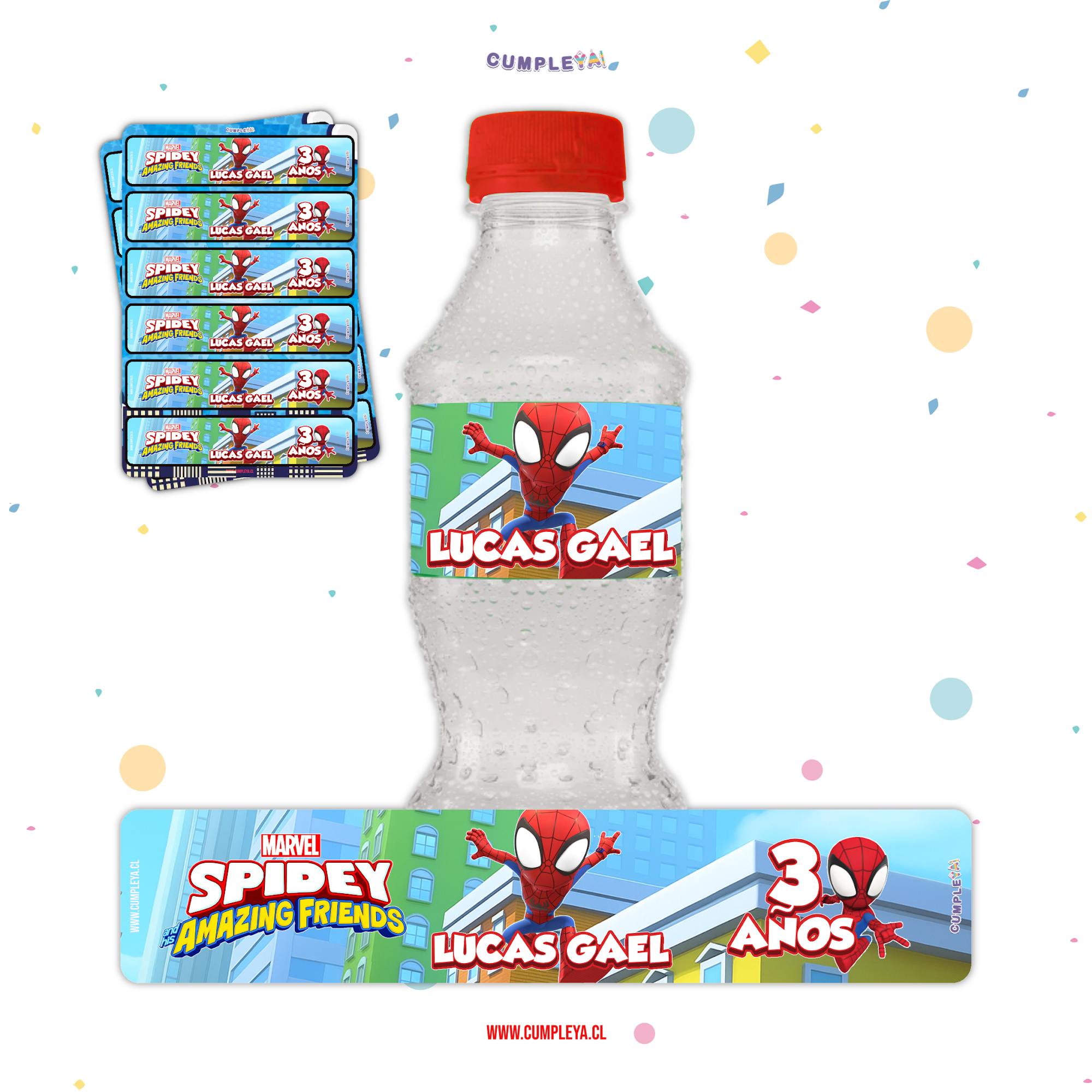 STICKER SPIDEY PARA BOTELLA 250ML 18X3, 5CM SET 12U TEMÁTICO