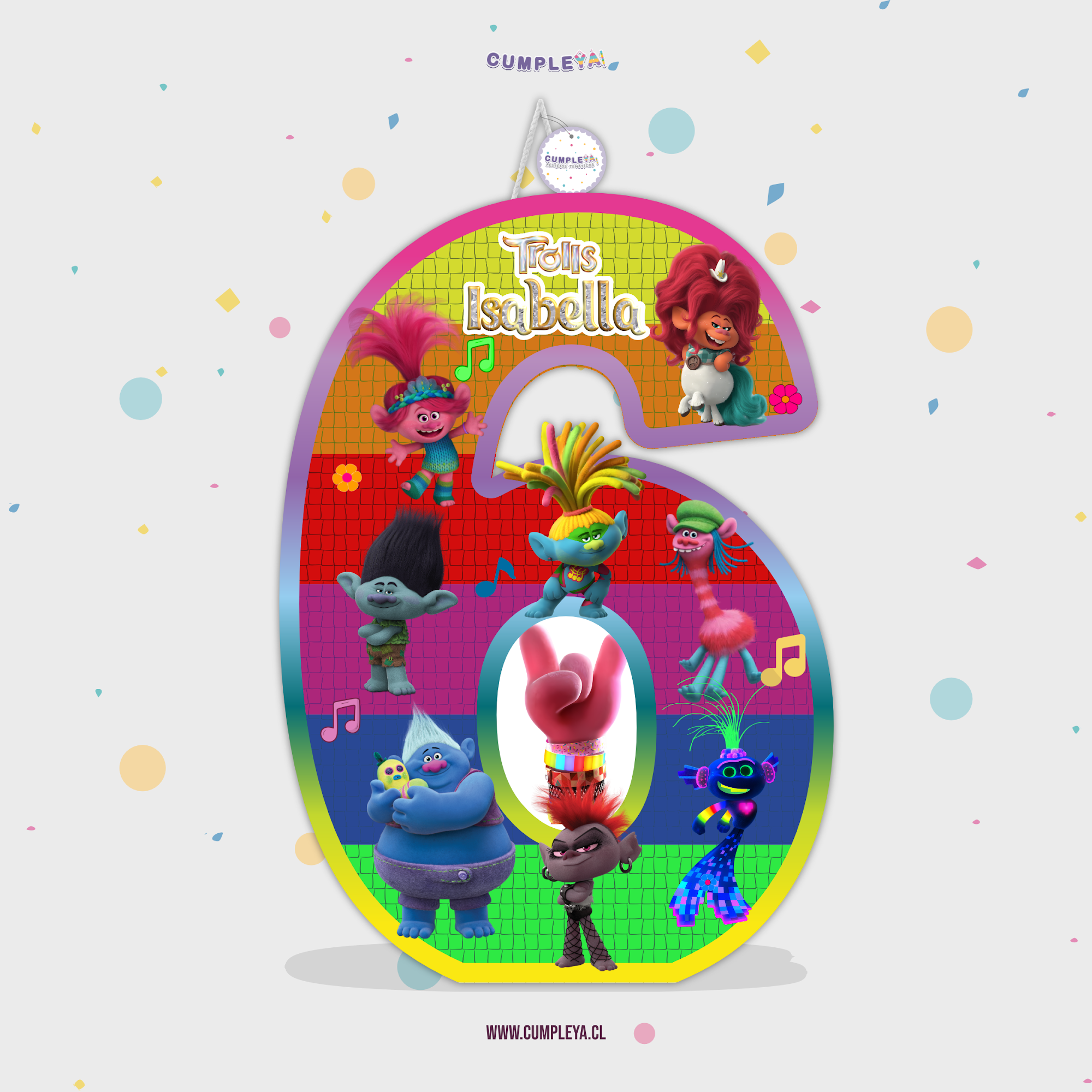 PIÑATA NUMERO 6 DE TROLLS 2 WORLD TOUR 40CM PREMIUM