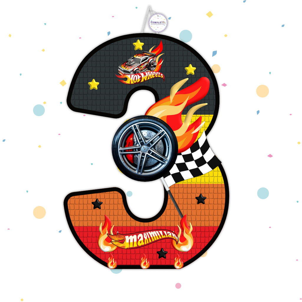 PIÑATA NÚMERO 3 HOT WHEELS 60CM PREMIUM