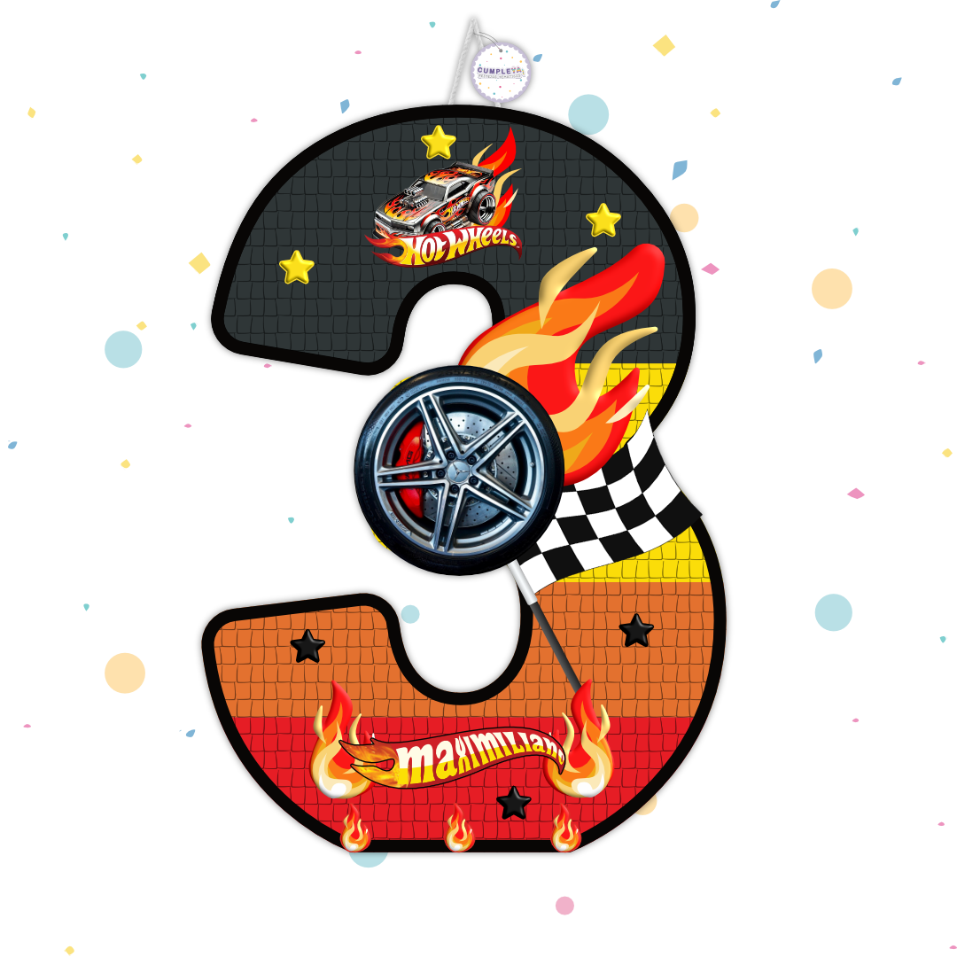 PIÑATA NÚMERO 3 HOT WHEELS 60CM PREMIUM