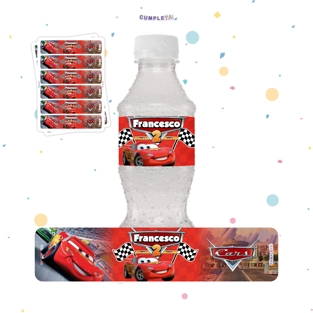 STICKER CARS PARA BOTELLA 250ML 18X3, 5CM SET 12U TEMÁTICO