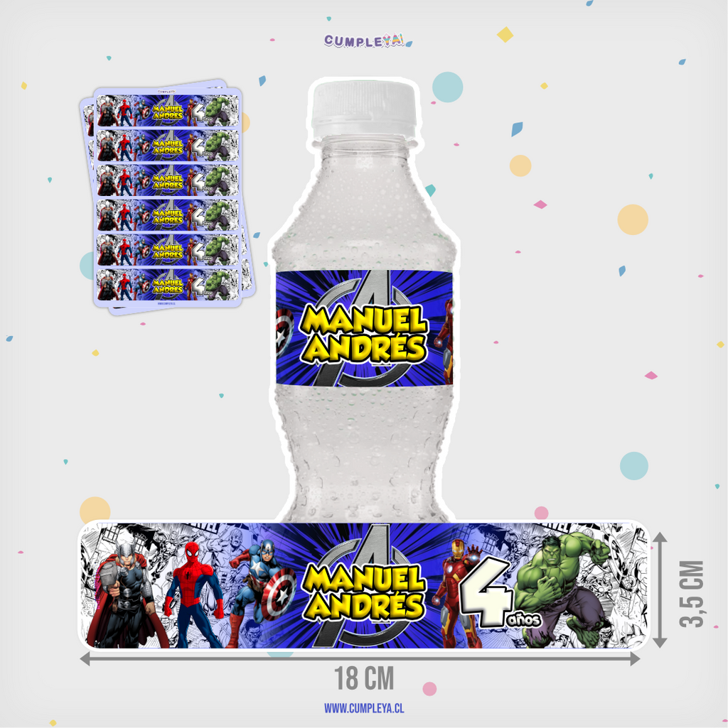 STICKER LOS VENGADORES PARA BOTELLA 250ML 18X3, 5CM SET 12U TEMÁTICO
