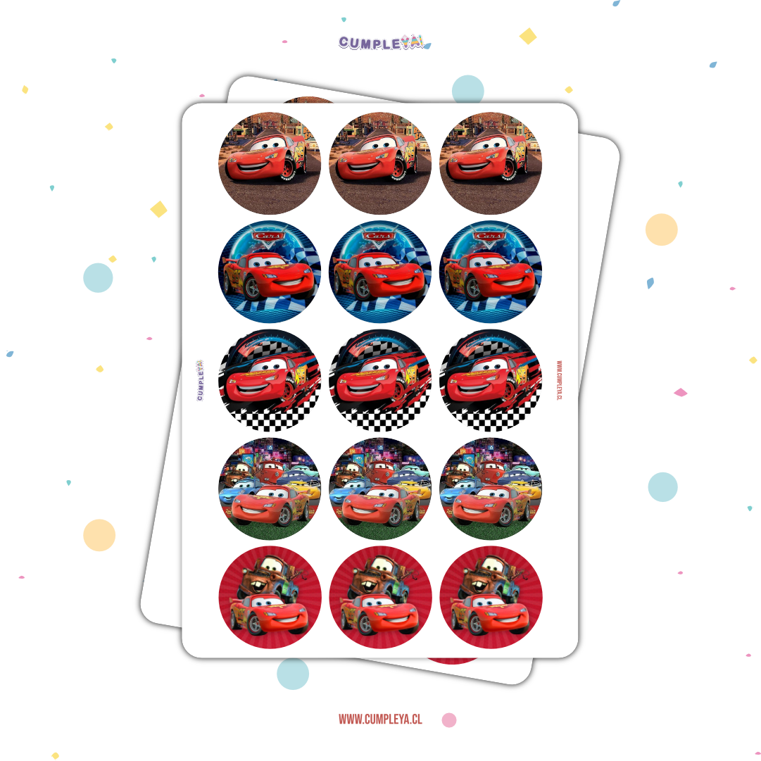 30 STICKER CIRCULARES 5 X 5 CM CARS