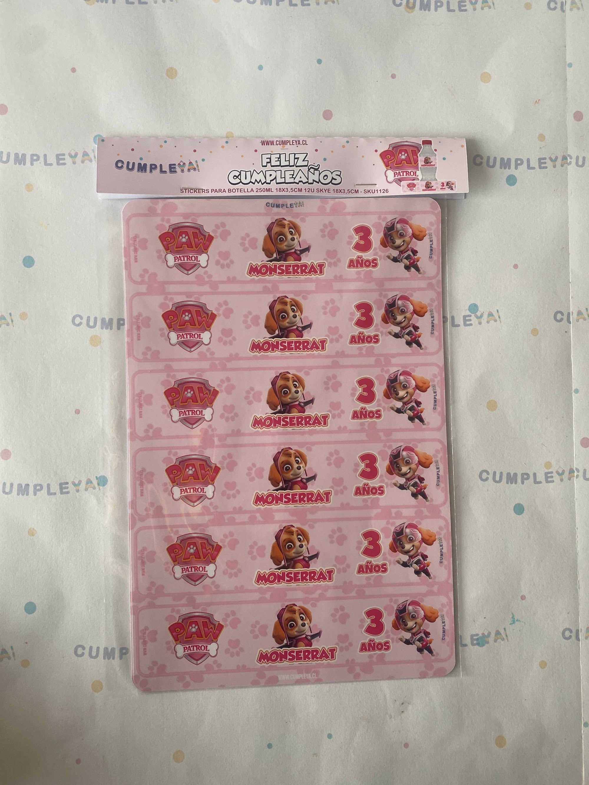 STICKER SKYE PARA BOTELLA 250ML 18X3, 5CM SET 12U TEMÁTICO