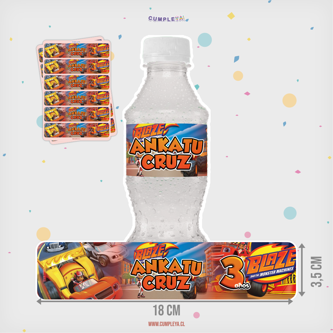 STICKER BLAZE AND THE MONSTER MACHINES PARA BOTELLA 250ML 18X3, 5CM SET 12U TEMÁTICO