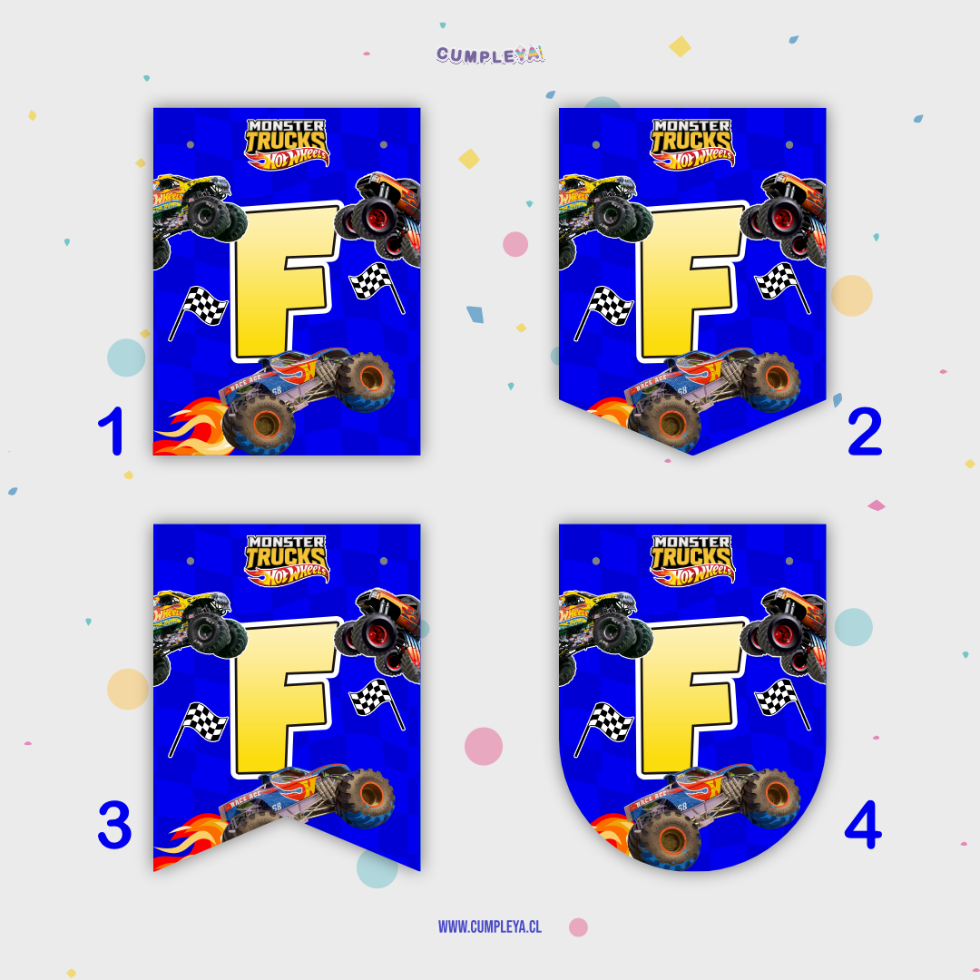 BANDERIN MONSTER TRUCK FELIZ CUMPLEAÑOS 11X14CM 15U
