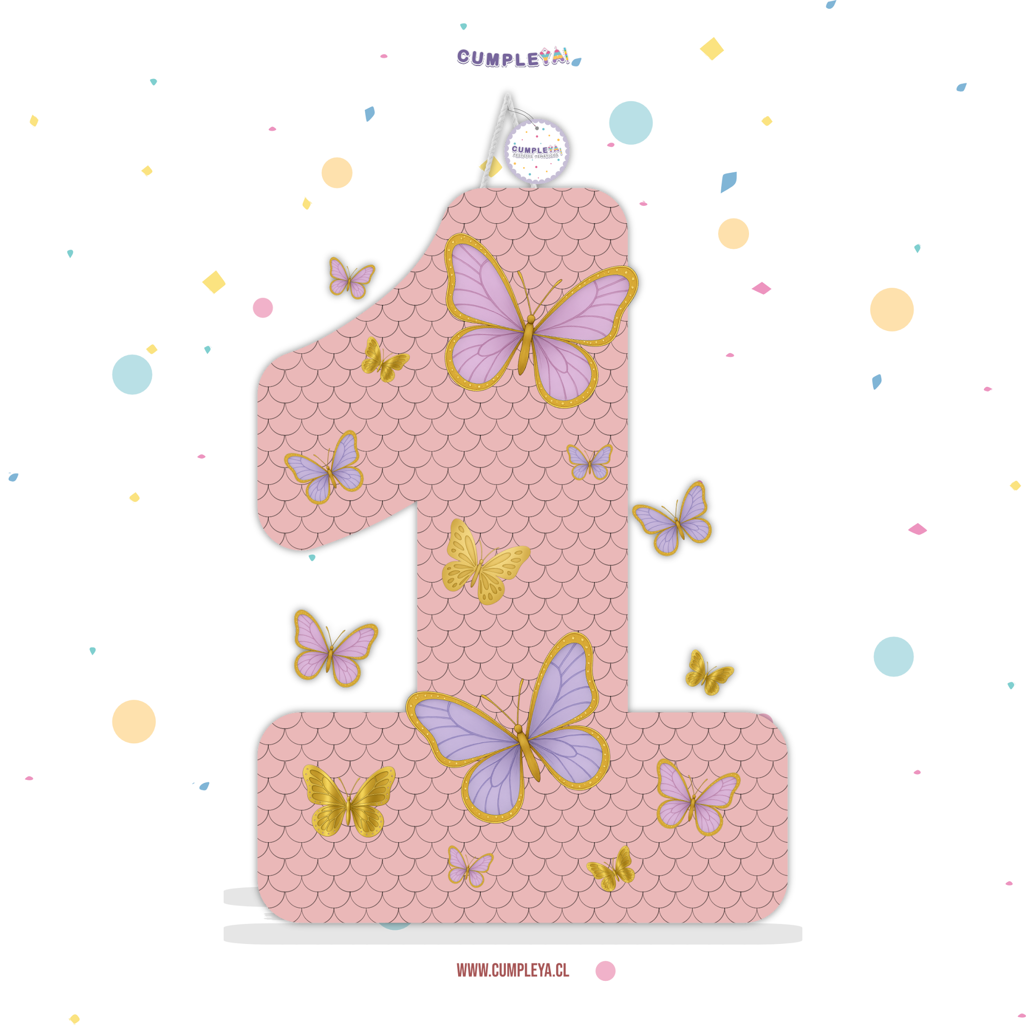 PIÑATA NUMERO 1 CON MARIPOSAS 60CM PREMIUM