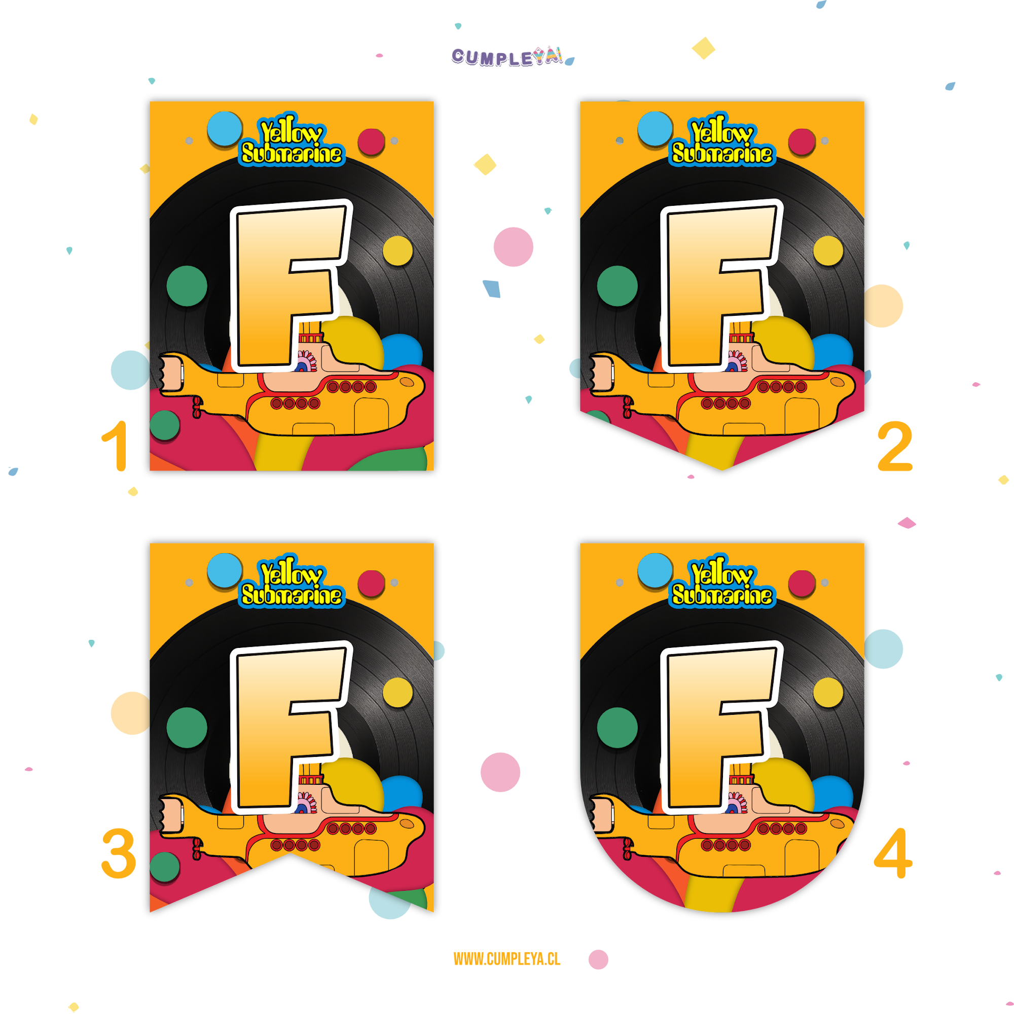 BANDERIN YELLOW SUBMARINE INFANTIL FELIZ CUMPLEAÑOS 11X14CM 15U