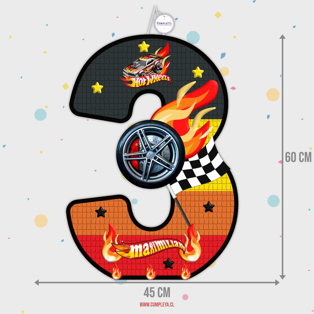 PIÑATA NÚMERO 3 HOT WHEELS 60CM PREMIUM