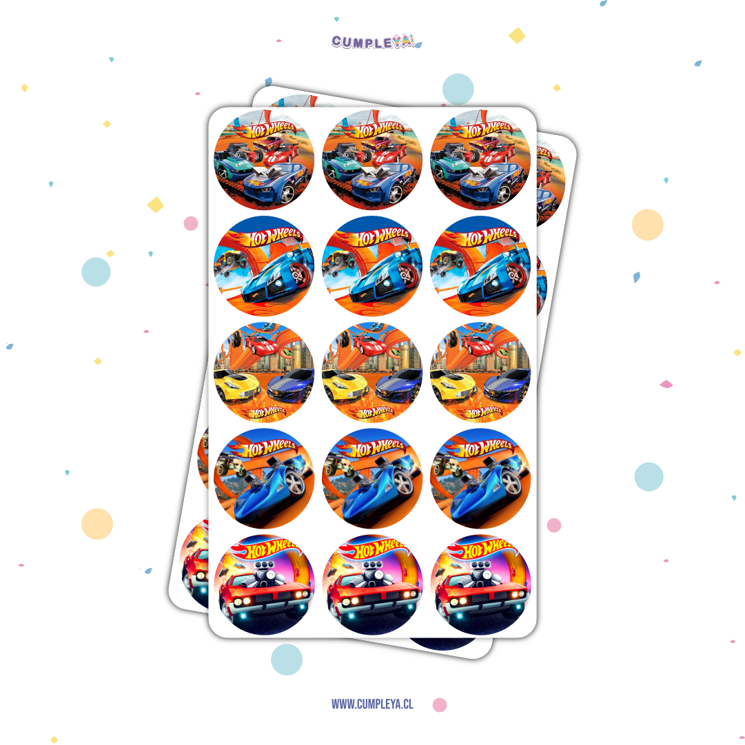 30 STICKER CIRCULARES 5 X 5 CM HOT WHEELS