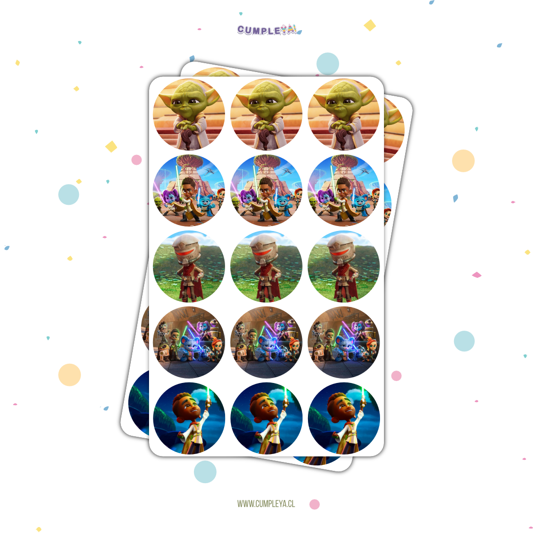 30 STICKER CIRCULARES 5 X 5 CM LAS AVENTURAS DE JÓVENES JEDI