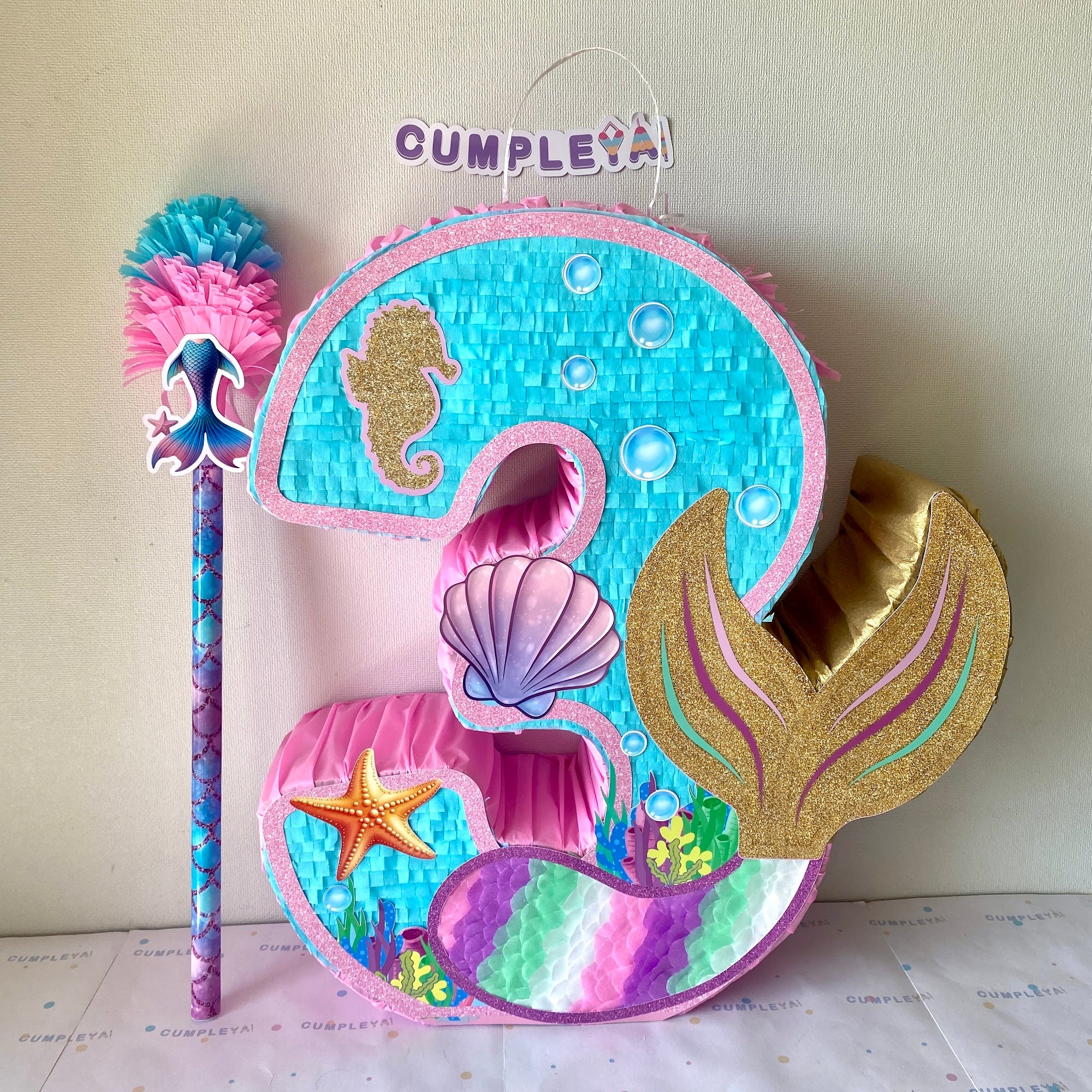 PIÑATA NUMERO 3 DE SIRENA 60CM PREMIUM