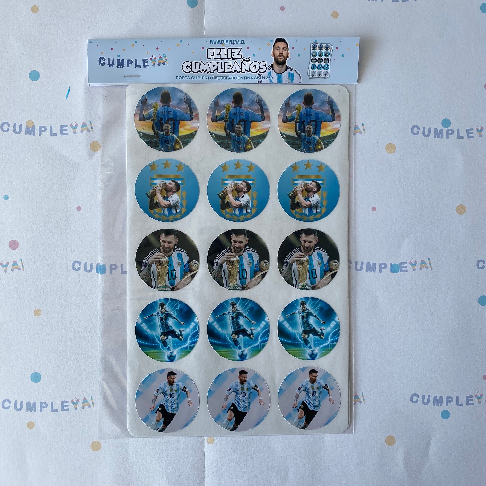 30 STICKER CIRCULARES 5 X 5 CM MESSI ARGENTINA
