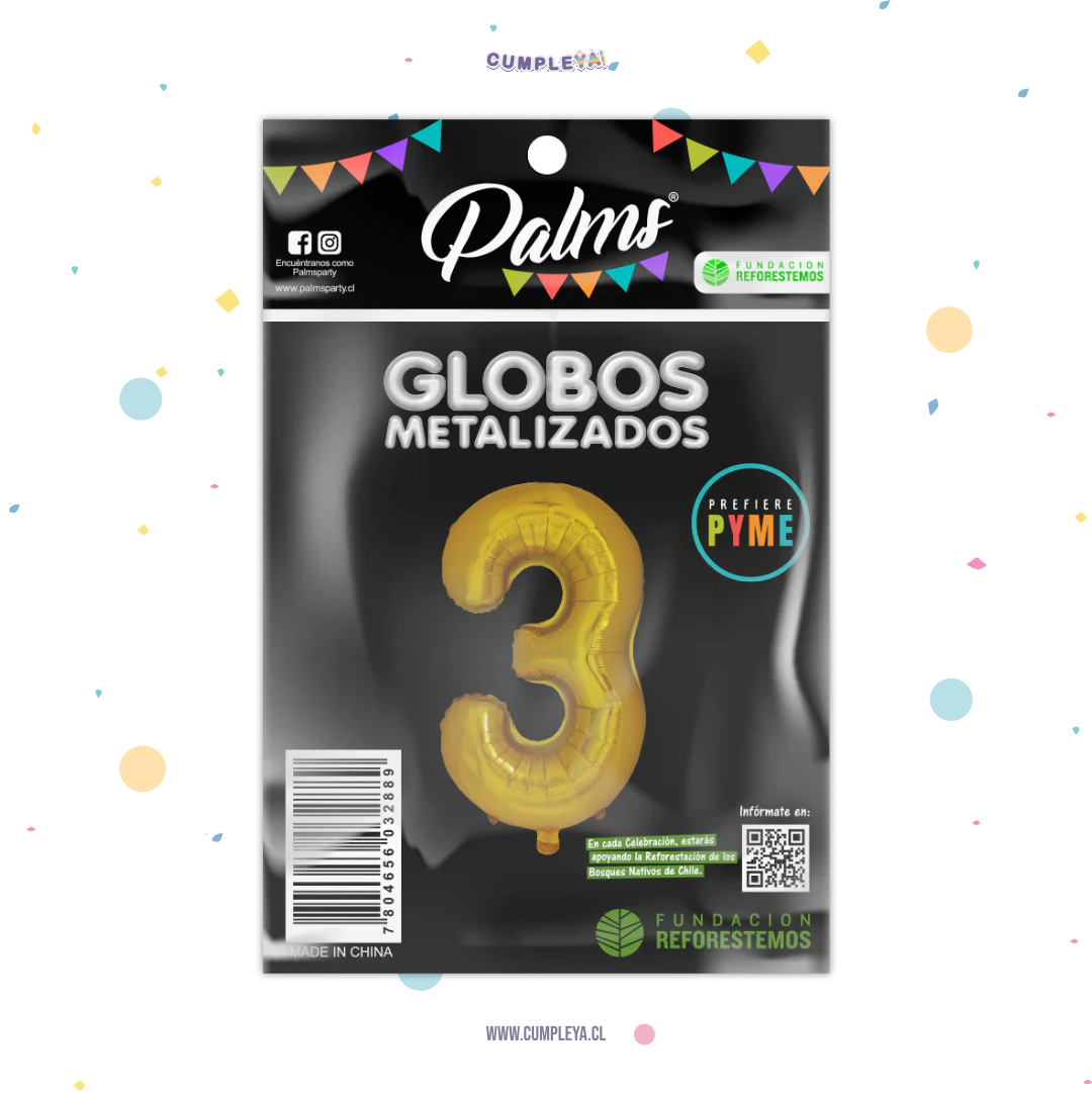 GLOBO NUMERO 3 80CM DORADO METALIZADO