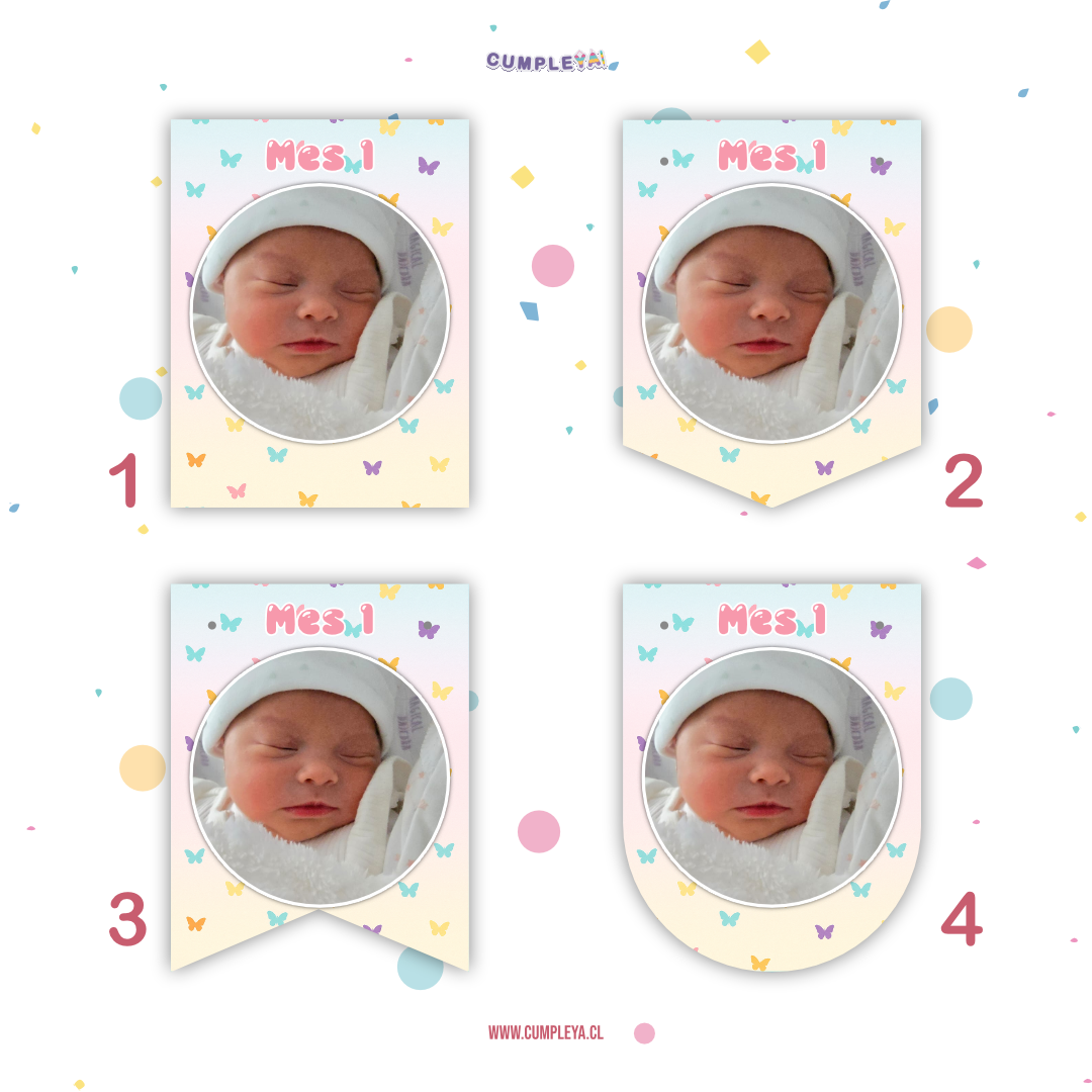 BANDERIN COLORES ROSADO, TURQUESA Y AMARILLO DE FOTOGRAFÍA 12 MESES 11X14CM