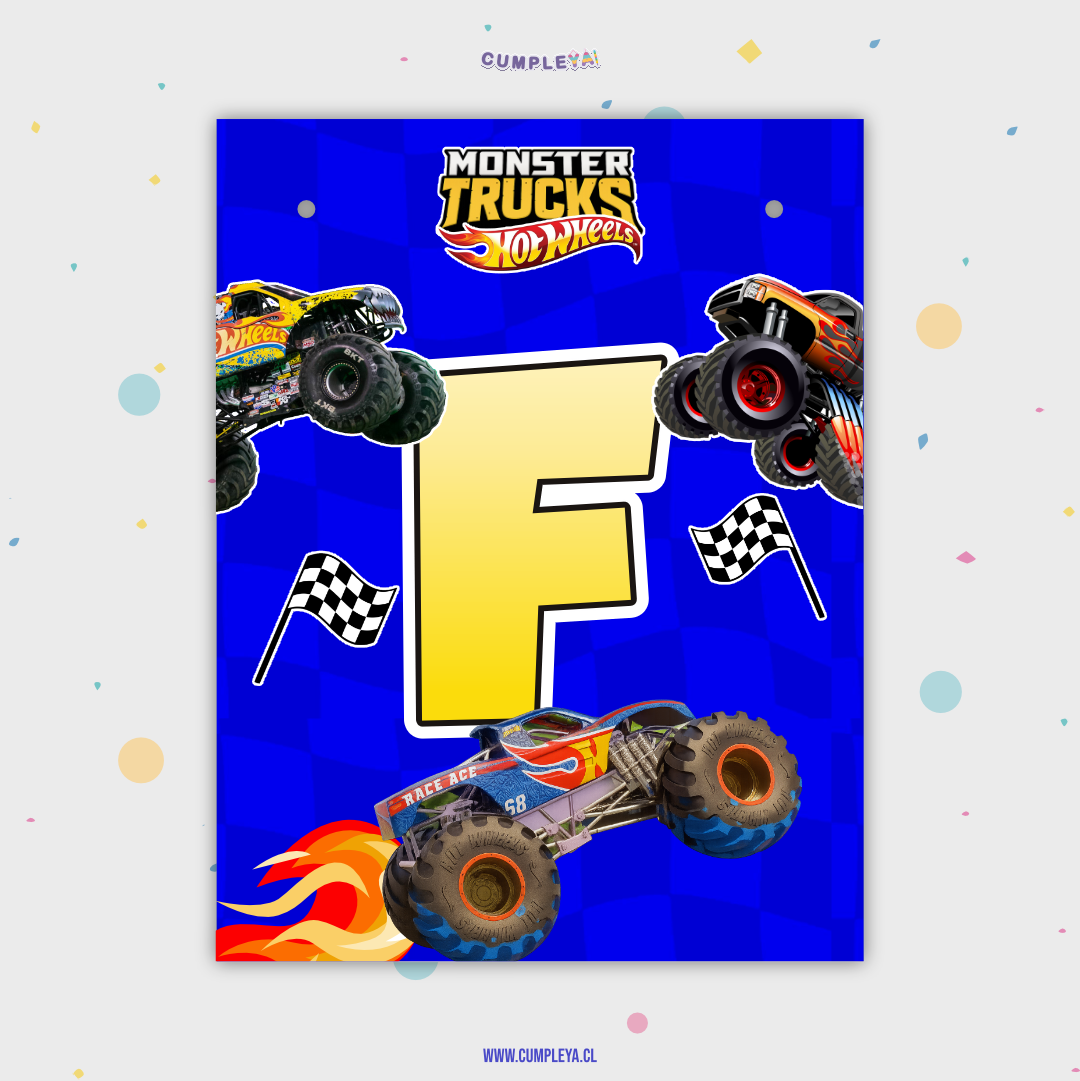 BANDERIN MONSTER TRUCK FELIZ CUMPLEAÑOS 11X14CM 15U