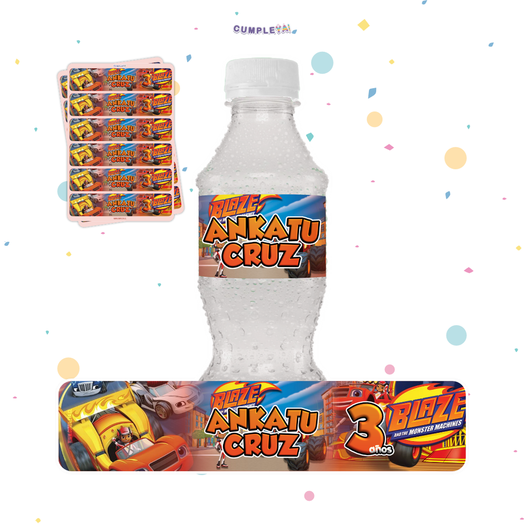 STICKER BLAZE AND THE MONSTER MACHINES PARA BOTELLA 250ML 18X3, 5CM SET 12U TEMÁTICO