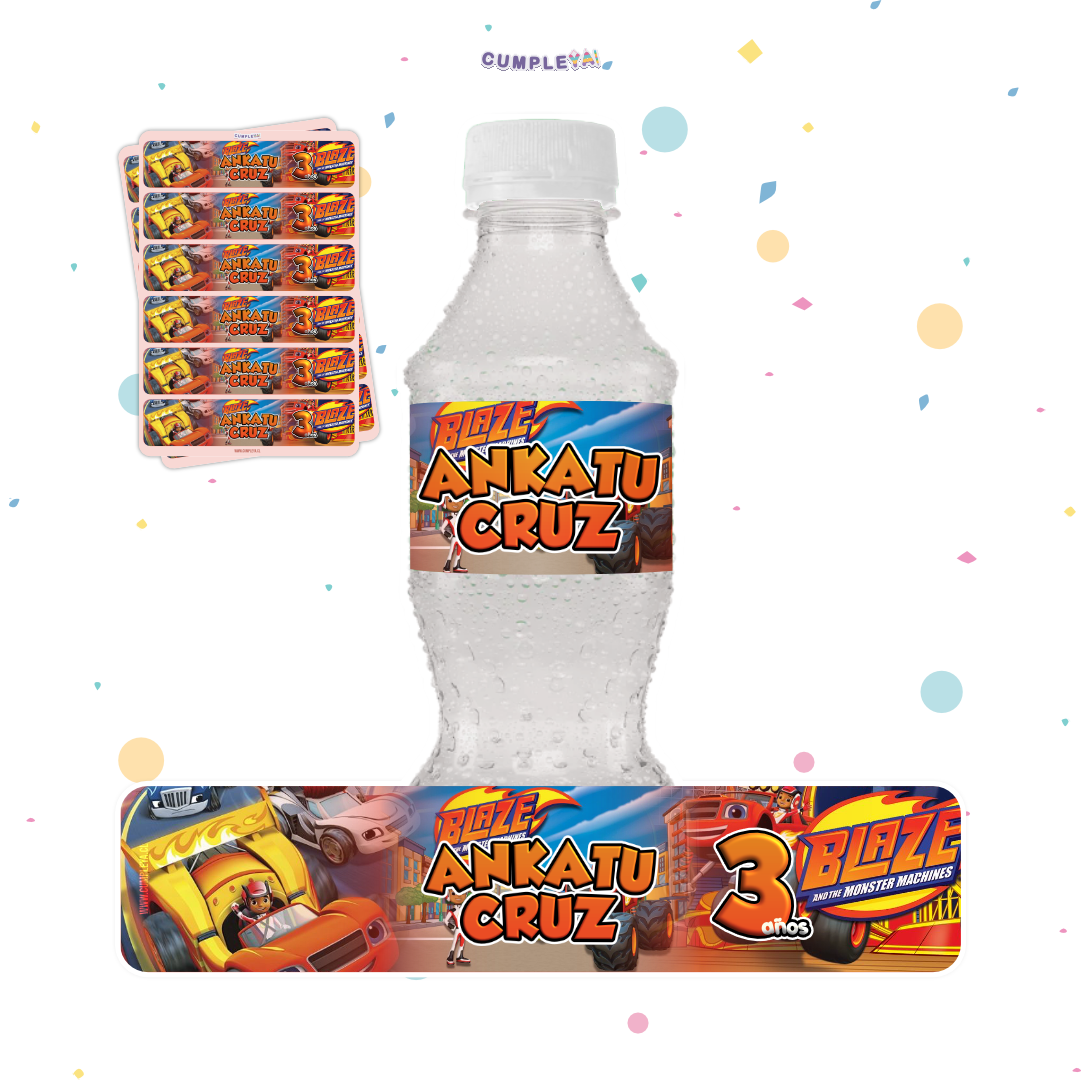 STICKER BLAZE AND THE MONSTER MACHINES PARA BOTELLA 250ML 18X3, 5CM SET 12U TEMÁTICO