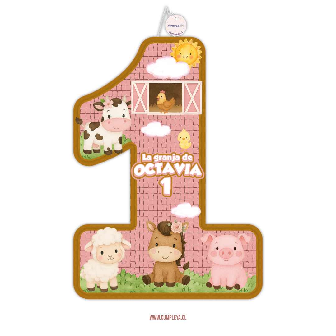 PIÑATA NUMERO 1 GRANJITA ROSADA Y ANIMALITOS 60CM PREMIUM