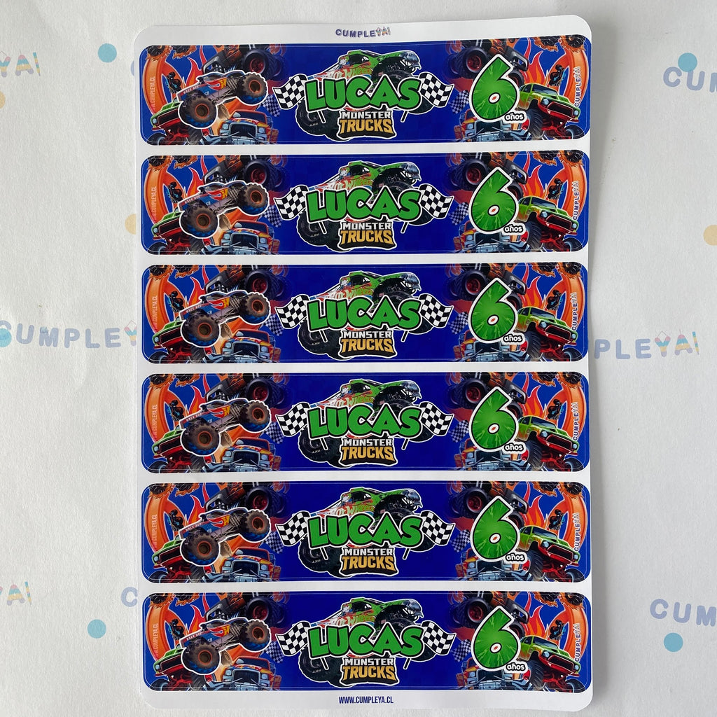 STICKER MONSTER TRUCK PARA BOTELLA 250ML 18X3, 5CM SET 12U TEMÁTICO