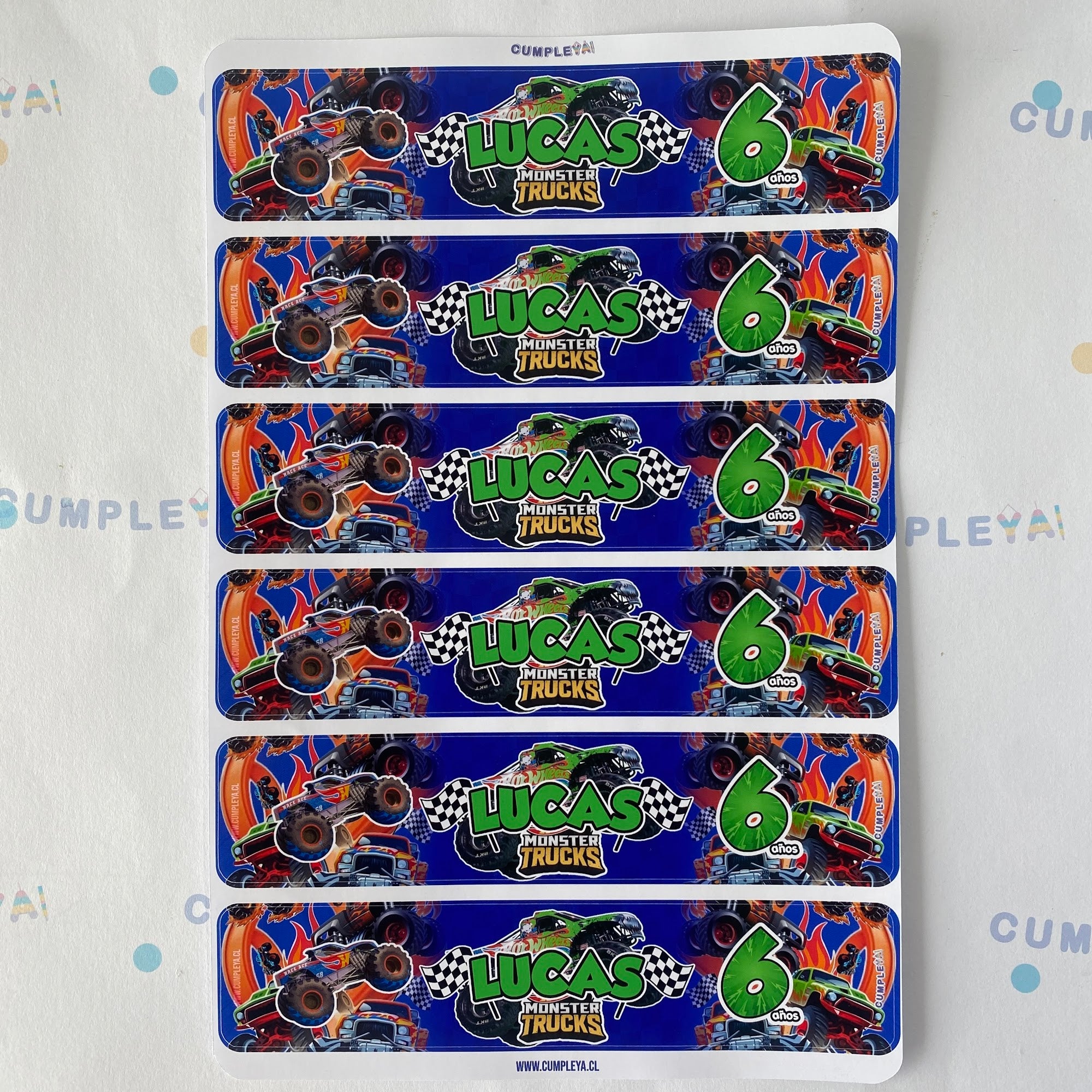 STICKER MONSTER TRUCK PARA BOTELLA 250ML 18X3, 5CM SET 12U TEMÁTICO