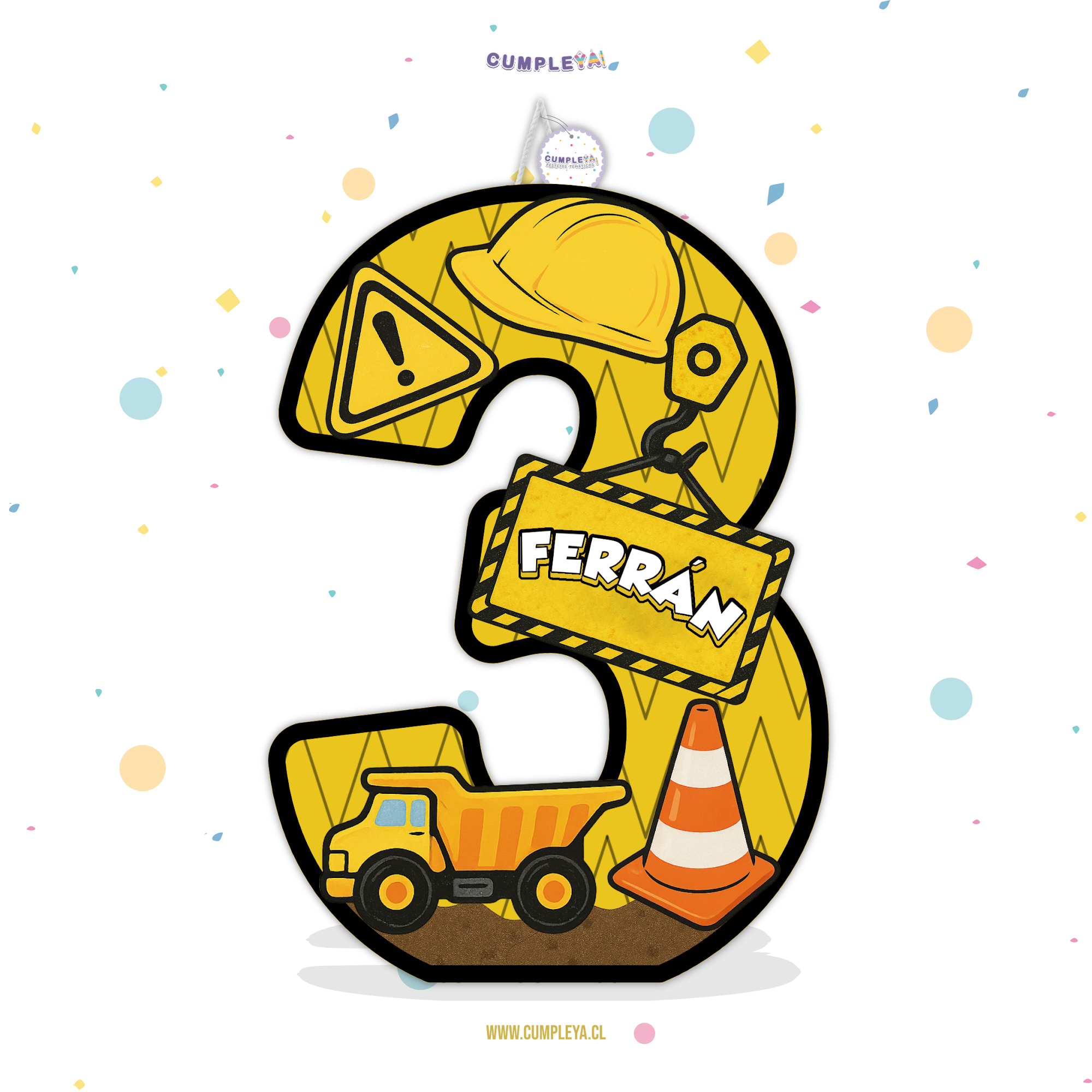 PIÑATA NUMERO 3 CAMIONES DE CONSTRUCCIÓN 60CM PREMIUM