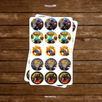30 STICKER CIRCULARES 5 X 5 CM MONSTER TRUCK
