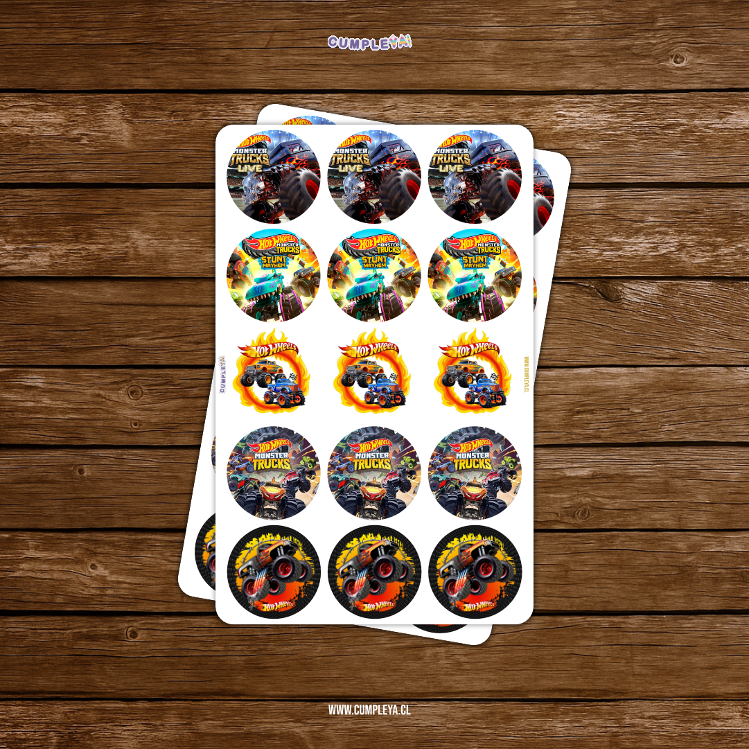 30 STICKER CIRCULARES 5 X 5 CM MONSTER TRUCK