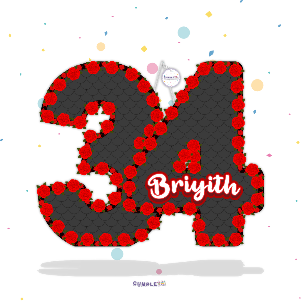 PIÑATA NUMERO 34 DE FLORES ROJO Y NEGRO 40CM PREMIUM