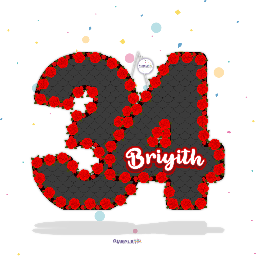 PIÑATA NUMERO 34 DE FLORES ROJO Y NEGRO 40CM PREMIUM