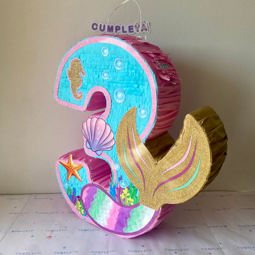 PIÑATA NUMERO 3 DE SIRENA 60CM PREMIUM