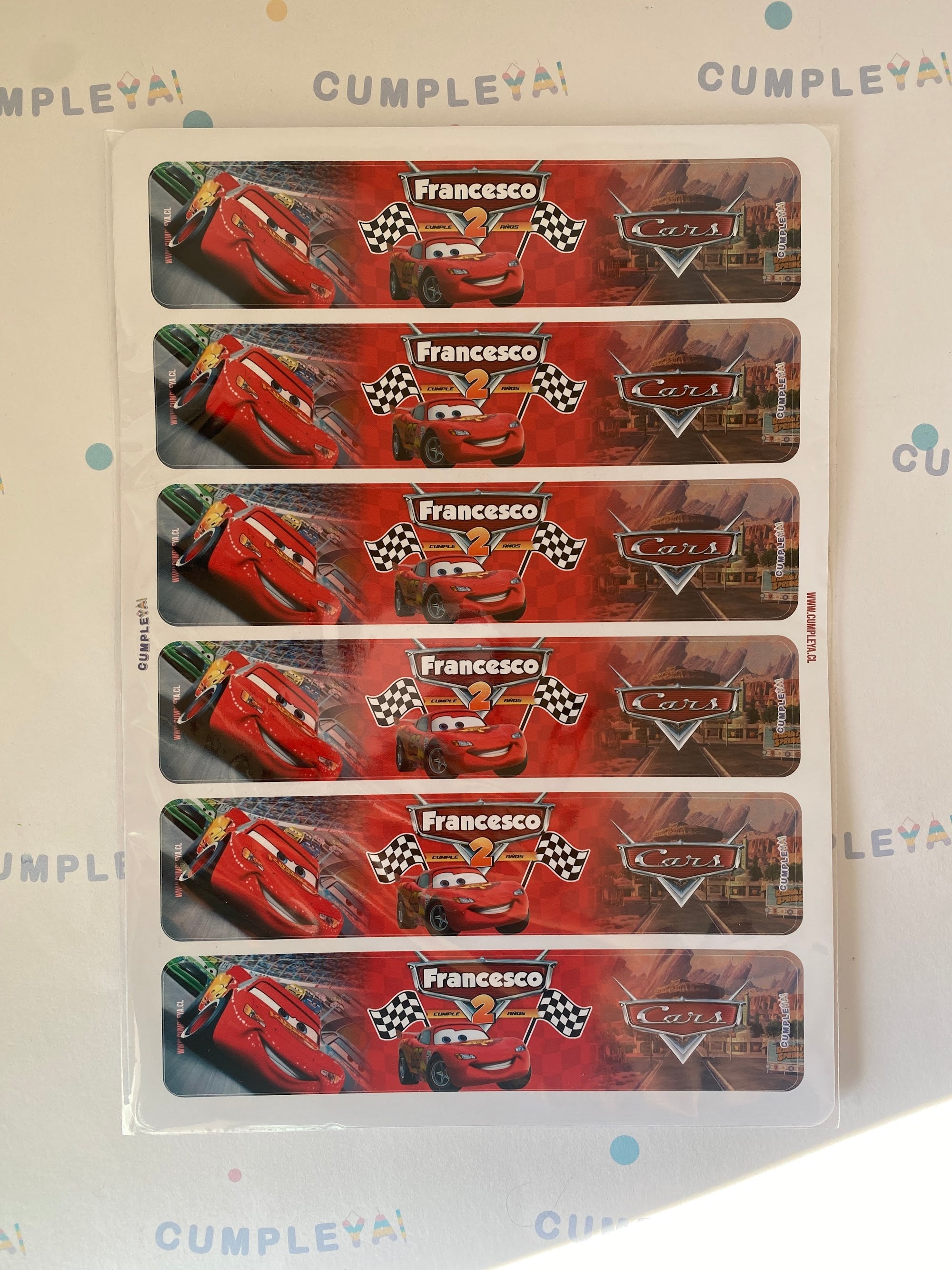 STICKERS CARS PARA BOTELLA 250ML 18X3, 5CM SET 12U